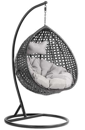 Image of Single Seater Swing Chair with Stand & Cushion Outdoor Indoor Balcony Garden Patio, Powder Coated Frame, UV-Protected Wicker, Premium Cushion, Swing Chair (Black::Grey)