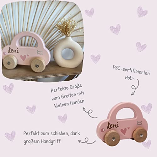 KIDSLINO Holz Spielzeug Auto rosa - personalisierbar I Geschenk zur Geburt & Taufe I Handmade Holzspielzeug ab 1 Jahr I Personalisierte Geschenke Baby I Holzauto mit Name & Geburtstdaten