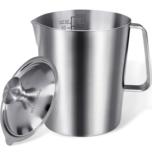 Messbecher Edelstahl 1000ml/32oz, ANVINKU 304 Edelstah Messbecher mit Deckel, Rührbecher, Measuring Cup mit Griff fur Milchkännchen, Kaffeekanne