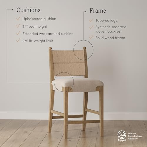 Image of Nathan James Cove Seagrass Counter Stool Wood Upholstered Bar Stool with Natural Flax Cushion and Seagrass Backrest, Light Brown