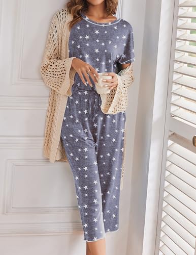 Image of Ekouaer Womens Capri Pajama Sets Print Short Sleeve Sleepwear Top and Pants | Comfy Printed Sleepwear Soft Crewneck Loungewear with Pockets for Home Daily Wear