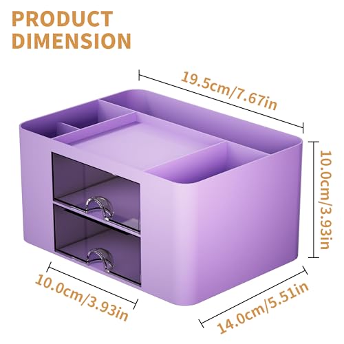 Image of Marbrasse Pen Organizer with 2 Drawer, Multi-Functional Pencil Holder for Desk, Desk Organizers and Accessories with 5 Compartments + Drawer for Office Art Supplies (Purple)