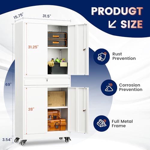 Image of Yizosh Metal Garage Storage Cabinet with Locking Doors and Adjustable Shelves, 73 inch Rolling Tool Storage Cabinet with 4 Wheels and 1 Drawer for Garage,Warehouse