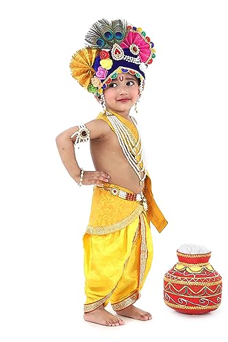 Image of Raj Fancy Dresses Shri Krishna Dress for Baby Boy & Girl, Janmashtmi Dress with Diaper-friendly Dhoti & Dupatta, Mor Pankh Mukut