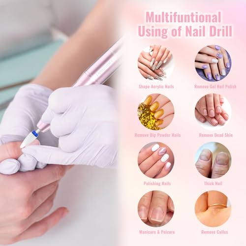 Denabuty Nagelfräser Kabellos 35000 U/Min, Elektrische Nagelfeile 12 in 1 Fräser Nägel Professionell Nail Drill, Nagelfräser für Gelnägel, für Semi Permanent und Acrylnägel, Maniküre Pediküre Rosa