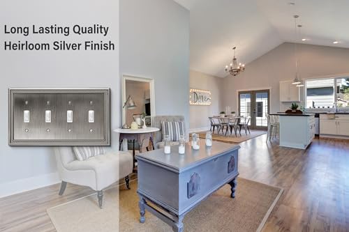 Image of Henne Bery Sunken Pearls Heavy Duty Decorative Wall Plate Switch Plate Outlet Cover (Quad Toggle, Heirloom Silver)