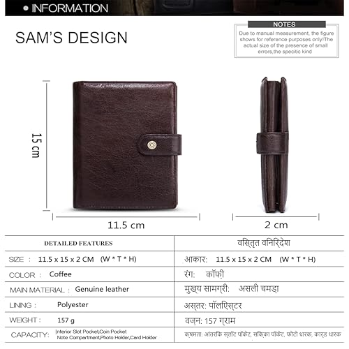 Image of Sam's Design Genuine Leather Wallet Trifold Wallet for Men Vintage Male Compact Purse Card Holder Small Wallet (Dark Brown)