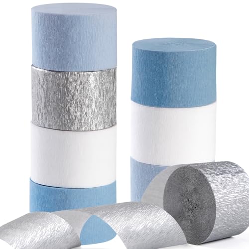 Image of Light-Dusty Blue White-Silver Party-Decorations Streamers - 8 Rolls Birthday Graduation 2026 Baby Bridal Shower Crepe Tissue Paper Streamer,Bachelorette Engagement Garland Decor Panduola