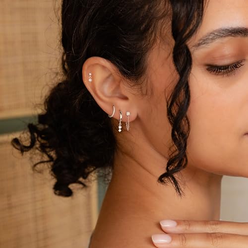 Image of Gold Earrings for Women, 14k Gold Plated Dangle Huggie Earrings for Women Trendy Dainty Gold Hoop Earring Stacks Hypoallergenic Pearl Chain Drop Cartilage Earring Fashion Womens Jewelry