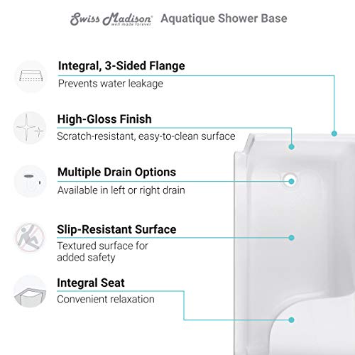 Swiss Madison Well Made Forever Sm-Sb537W Aquatique 60 X 32 Single Threshold Shower Base With Left Drain And Integral Right Hand Seat In White #TOP6