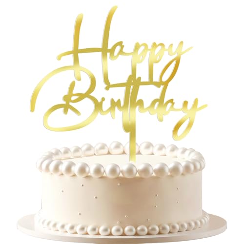 VQOUZVSR Decoración para tarta de cumpleaños de acrílico dorado con espejo, versátil decoración de pastel de feliz cumpleaños, adecuada para decoración de fiesta para aniversario/cumpleaños