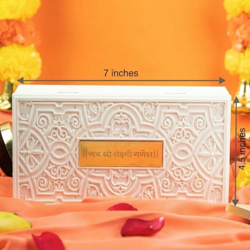 Image of Pocket Temple for Wedding Gift, Housewarming Gift & Pooja Room Decor | Gold Plated Photo Frame with Charan Paduka - 8 Inches (Laxmi Ganesh - Double Decker - White)