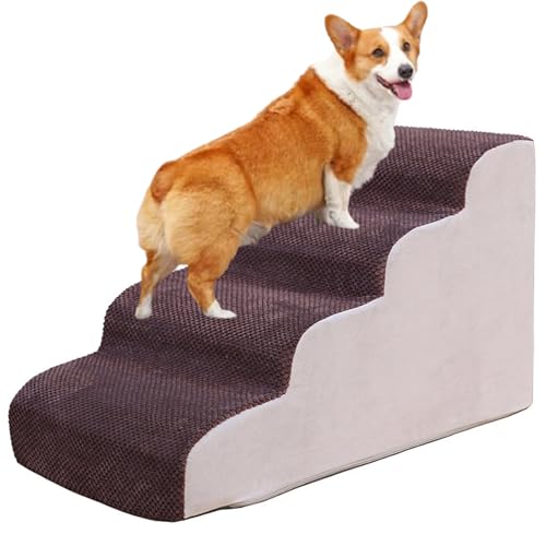 ハイベッドとソファ用の犬の階段、機械洗える布カバー付きのペットの階段、2ステップ/3ステップ/4小さな犬のための非滑りスポンジ詰めペットランプ coffee 45cm high(4step)