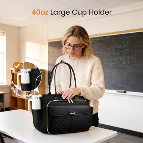 Image of LOVEVOOK 15.6 Inch Teacher Tote Bag for Women Work with Accordion File Area, Laptop Work Tote Bag with Laptop Compartment, nurse Handbag Bags with Large Capacity & Cup Holder, black