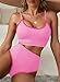 Herseas Women Solid Color Knit Ribbed 2 Piece Bikini Sets Popular Swimsuit Sporty Tummy Control Best Bathing Suits Beach Fashion Outfits Cruise Essentials Pink Crochet Trim Large