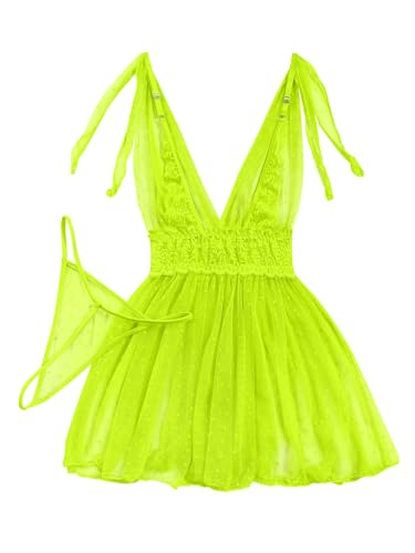 Image of Lilosy Sexy Polka Dots Mesh Sheer Lace Babydoll Chemise Lingerie Set Floral Sleep Wear