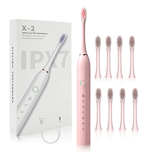 Sonic Electric Toothbrush for Adults and Kids, USB Rechargeable Whitening Tooth Brush with 8 Brush Heads, 6 Modes, 2 Minutes Smart Timers, 45,000 VPM, IPX7 Waterproof Power Cleaning Toothbrush - Pink