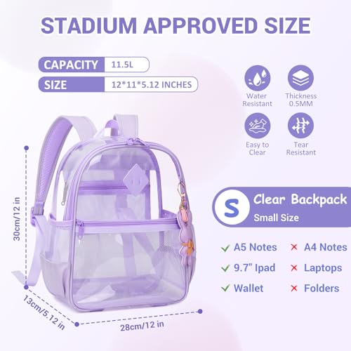Image of MUSEVOS Clear Backpack for Stadium Events Approved 12x6x12, Thick TPU Mini Clear Bag with Front Pocket for Concert Sport Events Work Travel, Purple