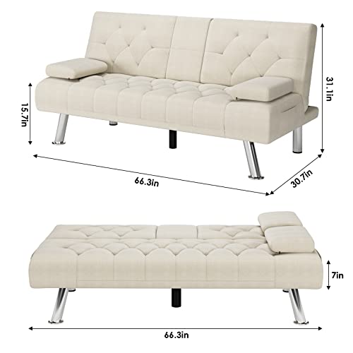 Hifit Futon Sofa Bed, Upholstered Convertible Folding Sleeper Sofa Bed With Removable Armrests, Modern Futon Couch For Living Room, Bedroom, 2 Cupholders, Metal Legs, Beige #TOP2