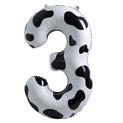 Image of Cow Print Number 3 Balloon, Large 40 Inch Cow Number Birthday Balloons | Helium Foil Mylar Balloon Cow Themed Birthday Party Decorations | Farm Barn Decor for kids,Girl,Boy