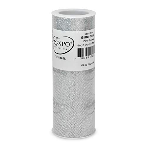 Image of Expo International Decorative Glitter Spool of 6 Inch X 10 Yards Tulle, Silver (Pack of 2)