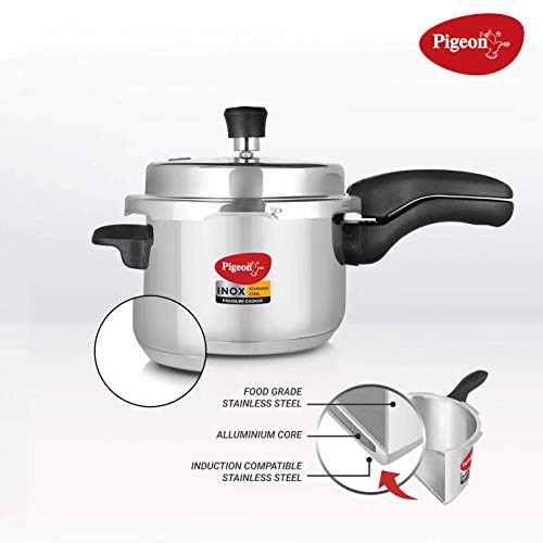 Image of Pigeon by Stovekraft INOX Stainless Steel Pressure Cooker 5L + Basics Induction Base Non-Stick Aluminium Cookware Set, Terracotta Brown