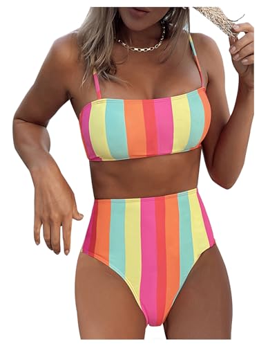 SOLY HUX Women's Bathing Suits Striped Spaghetti Strap High Waisted Bikini Sets Two Piece Swimsuit
