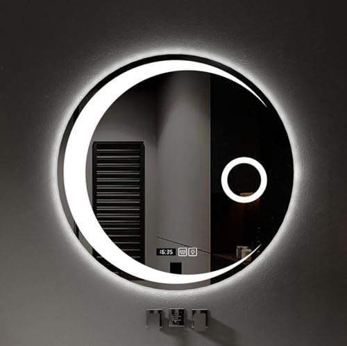 Espejo De Baño 50 CM, Espejo Redondo Iluminado Con Luz LED, Espejo De Pared Con Interruptor Táctil Y Reloj, Espejo De Tocador De Pared Con Luz, Indicación Inteligente De La Hora, Antivaho ( Size : 50c