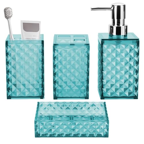 Bathroom Accessory Set Grid Pattern 4 Pcs Plastic Bathroom Set Teal Blue