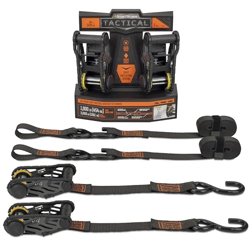 SmartStraps 10’ Tactical Ratchet Straps, 2 Pack — Heavy Duty Tie-Down Straps — 3,000lb Break Strength, 1,500lb Safe Work Load — Haul Dirt Bikes, ATVs, and Mowers
