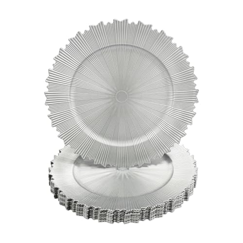 PERFERATE 50Pcs Gold Charger Plates 13 Inch Plastic Wedding Chargers Floral Decorative Plates Ruffled Rim Chargers Reusable Reef Serving Charger for Dinner Shiny Decorative (Silver)