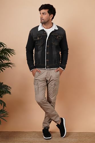 Image of Men's Winter Wear Faux Fur Denim Jacket | Stylish Denim Jacket For Men | Full Sleeve Faux Fur Lined Warm Jacket Dark Grey