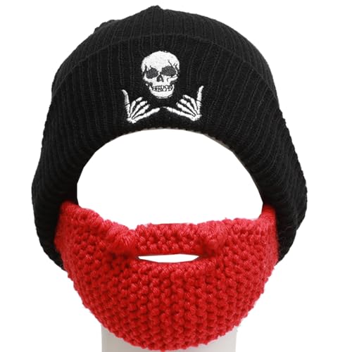 YEKEYI Barbarian Beanie Original Handmade Knit Hat Vagabond Winter Warm Mask Hat Removable Beard Red