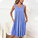 Women Fashion Short Tank Nightgown with Pockets Sleeveless Crew Neck Loungewear Front Pleated Casual Sleepwear Blue