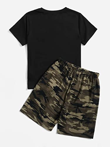 Image of Floerns Boys 2 Piece Outfits Print Short Sleeve Camo Tee Shirt and Drawstring Shorts Set