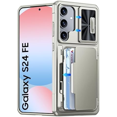 Vizvera for Galaxy S24 FE Case Wallet RFID, Cards Holder & Camera Cover & Kickstand for Women Men, Full Body Shockproof Silicone Case for S24 FE 2024 Only-Natural Titanium Cover