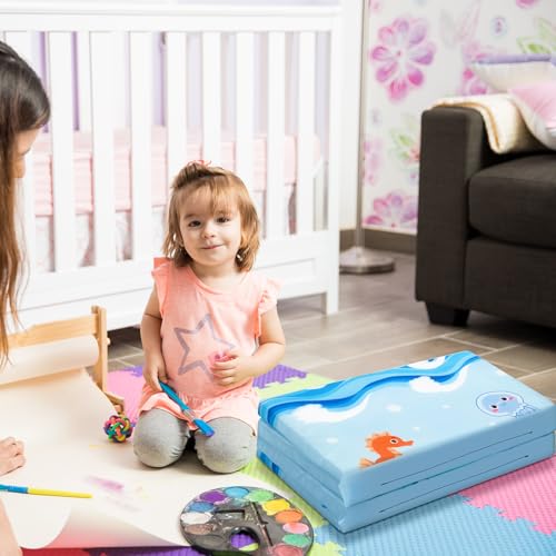 Image of Shellwei Vinyl Nap Mat Kid Preschool Daycare Sleep Mat,Mermaid | 1 inch Thickness, 45 inch x 19 inch x 1 inch, 4-section Softness Rest Mat, Suitable for Daycare Travel, and Home, Easy to Clean
