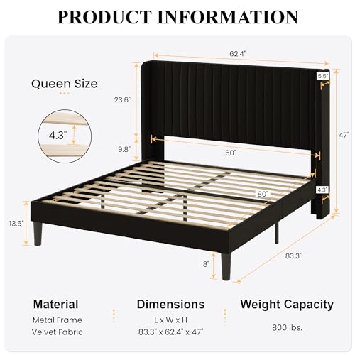 Image of SHA CERLIN Queen Size Velvet Bed Frame, Tufted Wingback Headboard, Black | 47'' Modern Vertical Channel Headboard, Upholstered Platform Bed, Wood Slats, No Box Spring Needed, Easy Assembly, Noise Free