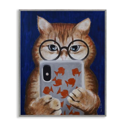 'Funny Cat Using Phone Texting Wearing Glasses'| Framed Giclee Art