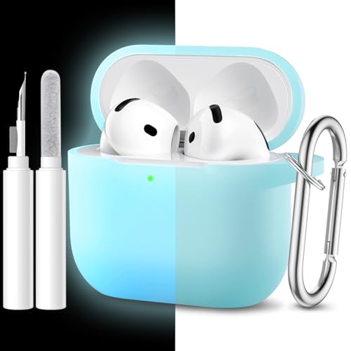 Maledan Funda Compatible con AirPods 4 2024 Case, Funda Protectora de Silicona Suave de Cuerpo Completo para Apple AirPods de 4 Generacion con Kit de Limpieza y Mosquetón [LED Visible],Azul Luminoso