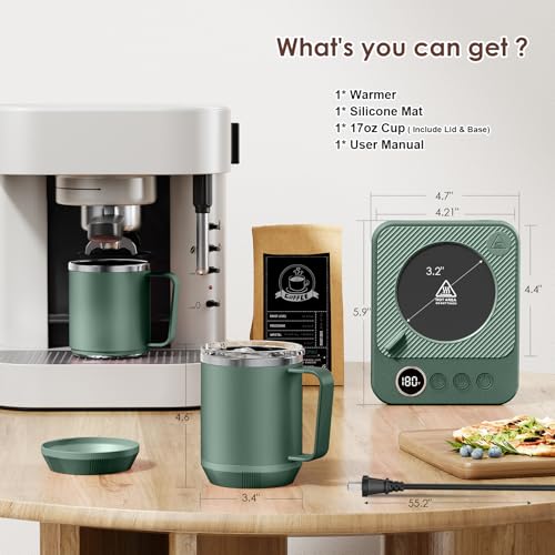 Image of Felibeaco Coffee Mug Warmer & Mug Set for Desk, Smart Coffee Cup Warmer with 16oz Heated Mug, Cup Heater with Auto Shut Off for Office /Home, Coffee Gifts for Men&Women, for mom,Green