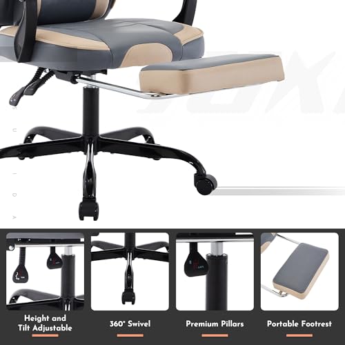 Image of Gaming Chair with Footrest for Home Office - High Back Computer Chair with Headrest and Lumber Support, Ergonomic Height Adjustable Leather Game Chairs (Beige+Blue)