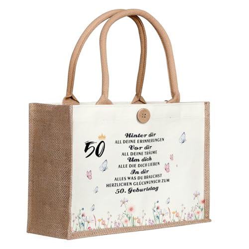 Nangua 50 Geburtstag Frauen Geschenk, Jutesack - nachhaltige Einkaufstasche, Geschenk für Damen, Mutter, Freundin, Kollegin (50)