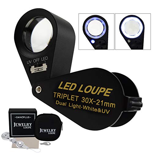 30x Magnifier Jewelry Loupe LED UV 21mm Achromatic Triplet Lens Optical Glass Pocket Gem Magnifying Tool Jeweler, Stamp Philatelist, Coin Numismatic