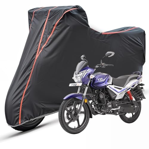 Image of Two Wheelers Bike Body Cover Compatible for TVS Star City Plus, UV Resistant, Dustproof, Triple Stitched, Elastic Bottom, Red Piping Motorcycle Cover (Black, Pack of 1)