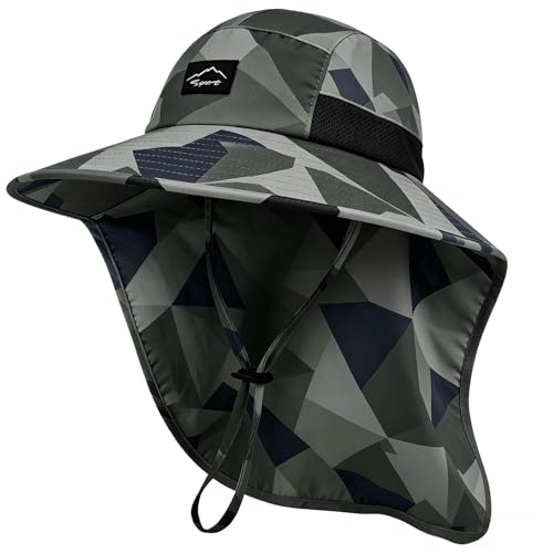 Image of Rosoz Outdoor Sun Hat for Men Women, UPF50+ Protection Safari Cap Wide Brim Mesh Fishing Hat with Neck Flap Beach Garden