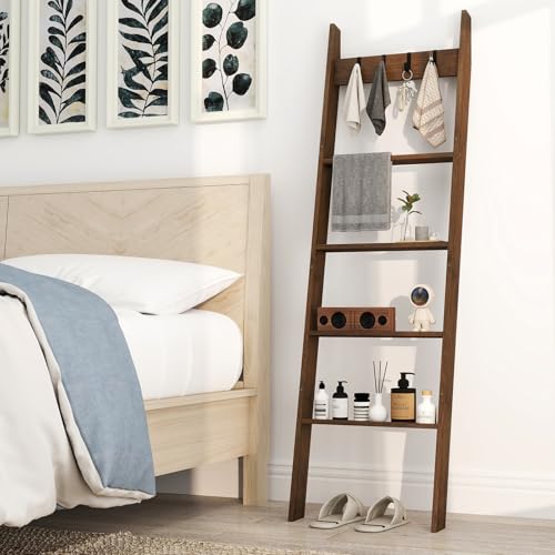 COSTWAY Bamboo Blanket Ladder, 5-Tier Towel Rack Ladder Shelf with 4 Removable Hooks, Farmhouse Decorative Wall Leaning Storage Shelving Unit Blankets Towel Holder for Bathroom Bedroom - Cosy Home Interiors COSTWAY Bamboo Blanket Ladder, 5-Tier Towel Rack Ladder Shelf with 4 Removable Hooks, Farmhouse Decorative Wall Leaning Storage Shelving Unit Blankets Towel Holder for Bathroom Bedroom - Image 8