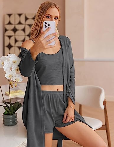 Image of Ekouaer Pajamas for Women Set 3 Piece Lounge Set Soft Pajama Sets Waffle Knit Tank Top and Shorts Cardigan with Pockets S-XXL