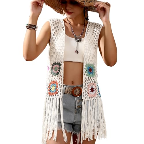 Women's Floral Crochet Hollow Out Sleeveless Fringe Long Boho Retro-look Handmade Cardigan Vest