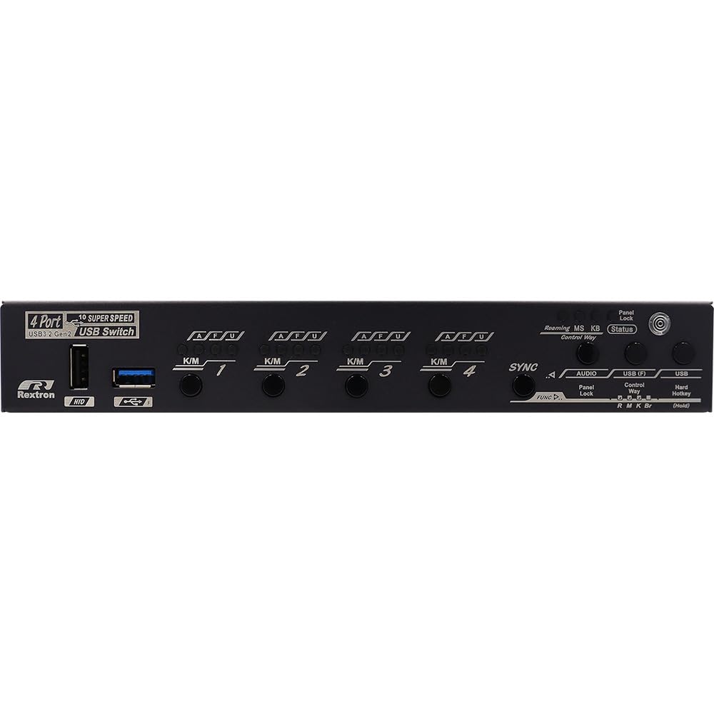 Rextron KM Switch for 4 Computers with Mouse Roaming, Hotkey Control, USB Synchronizer, USB 3.2 Gen 2 (4 Ports), Serial Control, Multi-Screen, No Software Required for Windows, Mac, Linux, USW-T334